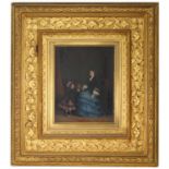19th C. European School Interior Painting of a woman and child. Signed lower left. Oil on canvas.