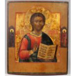 Antique Russian Icon, Christ Pantocrator. Tempera, gold leaf and gesso on wood panel. Collector