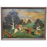 Antique Persian Hunt Scene Painting, Signed Indistinctly lower right. Oil on canvas. Depicting
