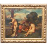 Old Master European School Painting Depicting Figures in a Landscape. With a nude woman drawing