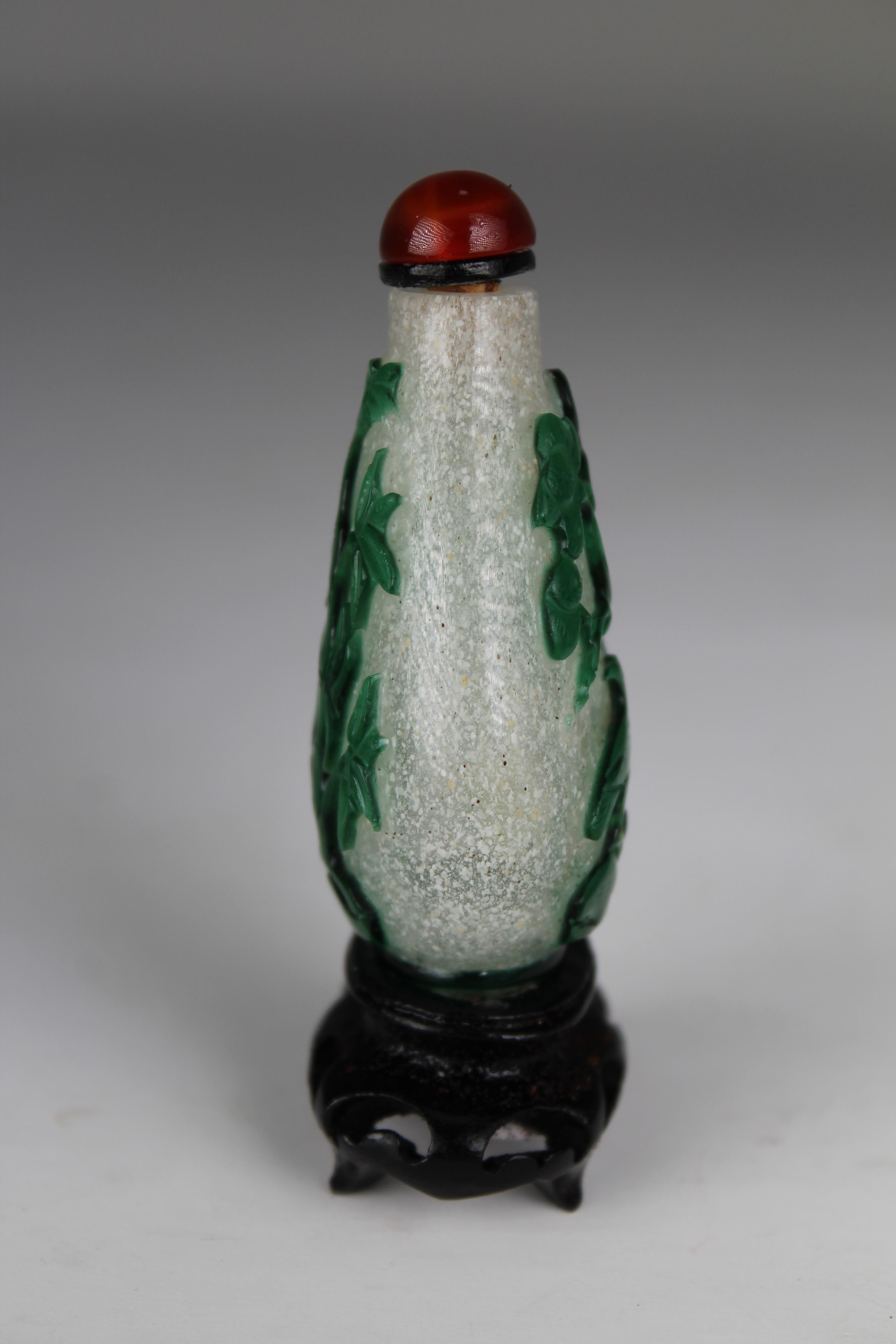 Chinese, Late 18th C. Green Overlay Glass Snuff Bottle. Of flattened pear form; "snow flake" white - Image 2 of 7