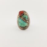 Navajo Turquoise & Coral Silver Ring