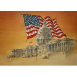 Ron Sloan (American, B. 1950) "U.S. Flag over Capitol Building" Signed lower left. Original Mixed
