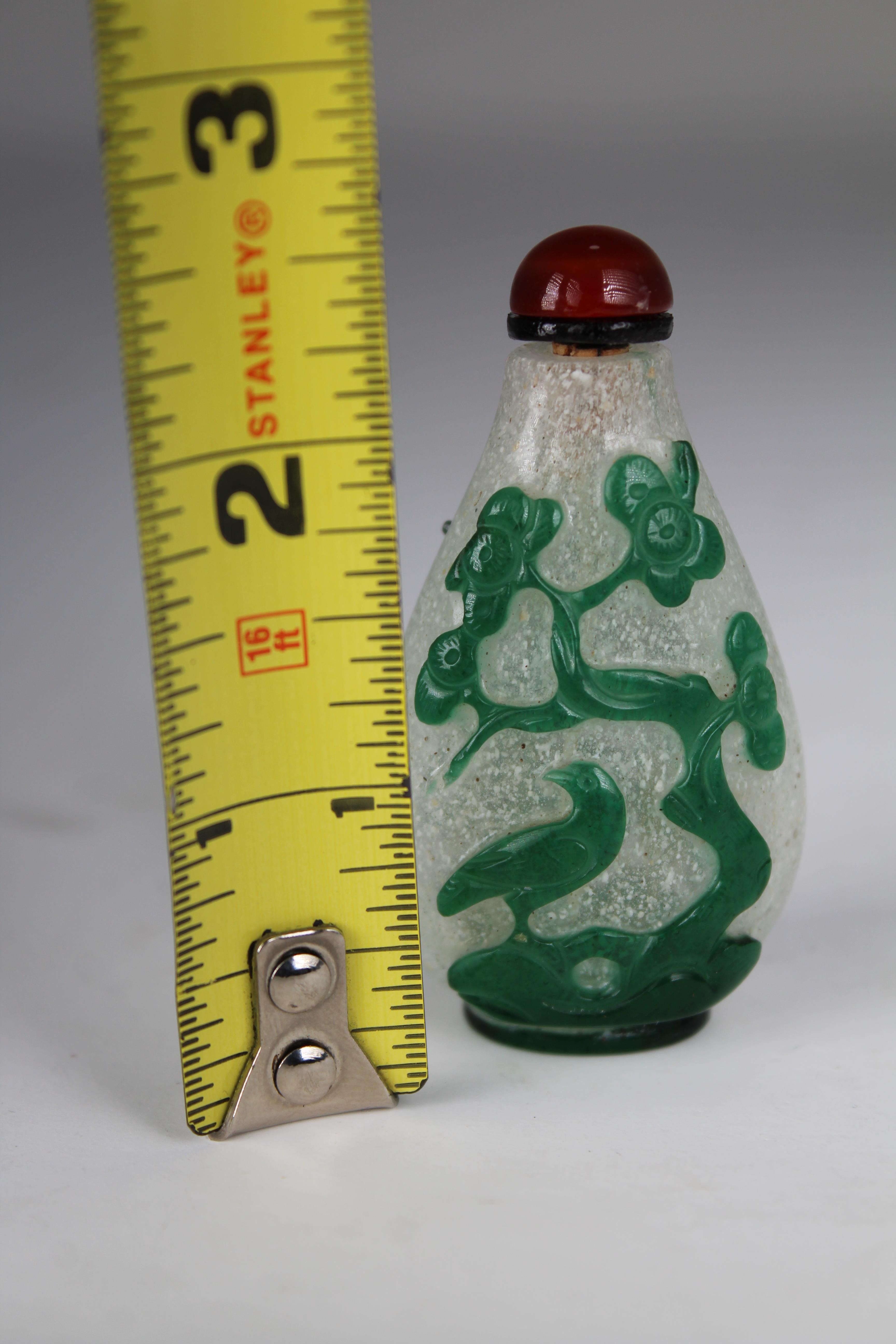 Chinese, Late 18th C. Green Overlay Glass Snuff Bottle. Of flattened pear form; "snow flake" white - Image 5 of 7
