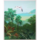 John Swatsley (American, B. 1937) "White-tailed Tropical Bird Flying over Rainforest" Original Oil