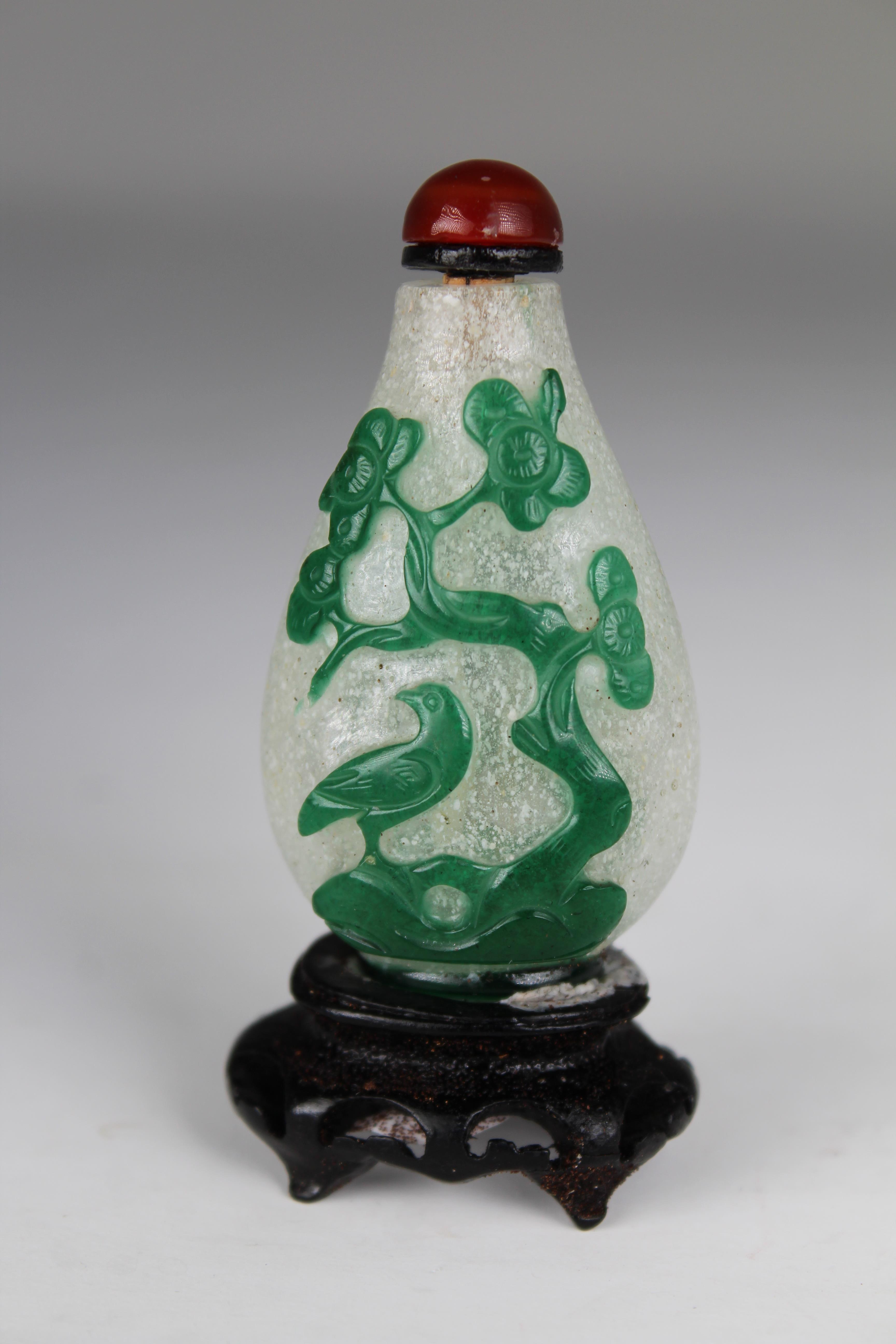 Chinese, Late 18th C. Green Overlay Glass Snuff Bottle. Of flattened pear form; "snow flake" white - Image 3 of 7