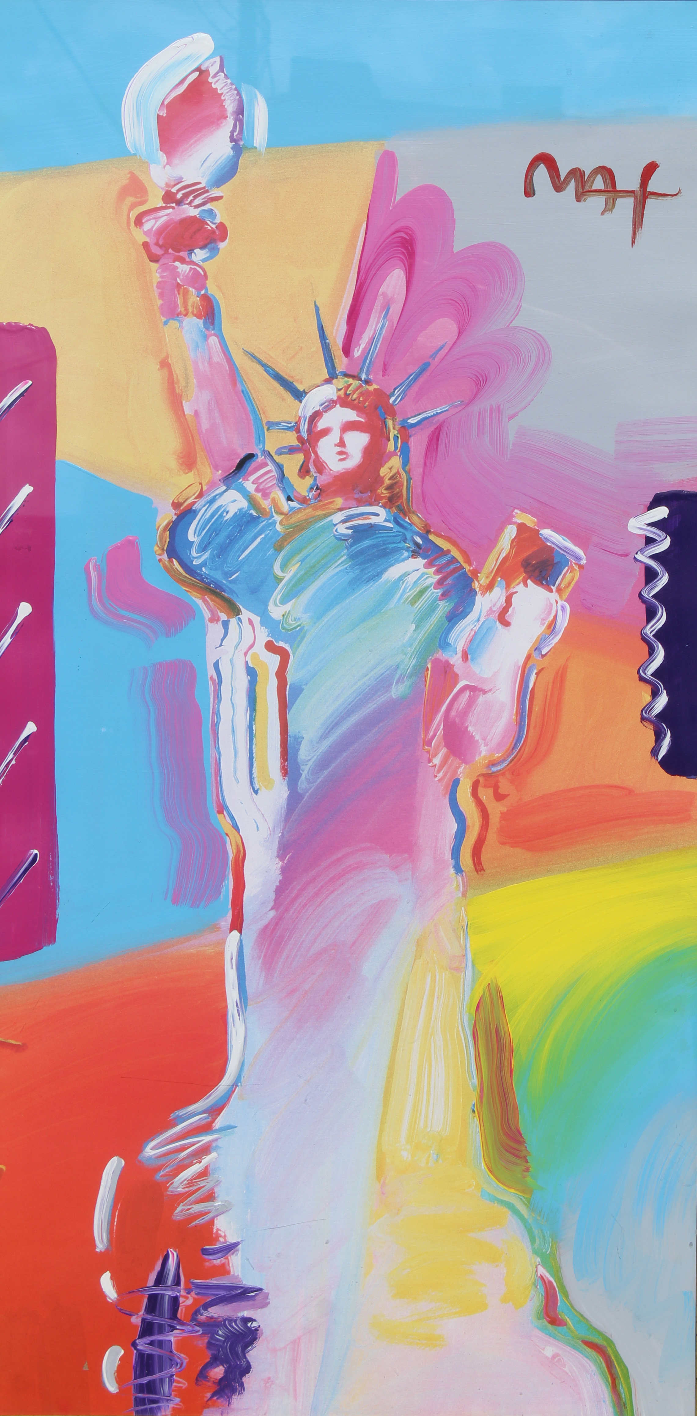 Peter Max "Statue of Liberty" Mixed Media Painting. Signed upper right. Sight Size: 38 x 19 in. - Image 2 of 5