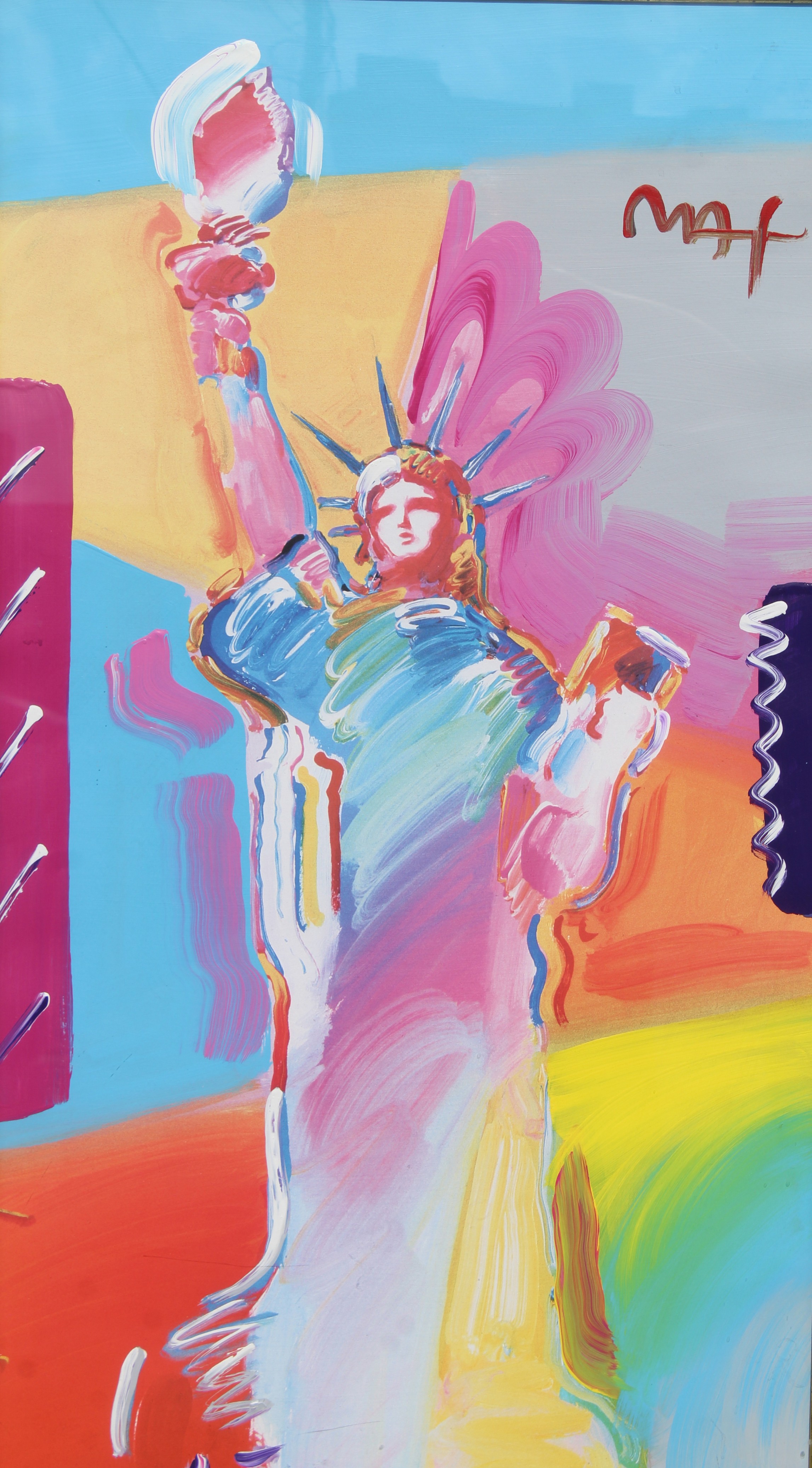 Peter Max "Statue of Liberty" Mixed Media Painting. Signed upper right. Sight Size: 38 x 19 in. - Image 3 of 5