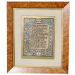 Antique English Prayer Manuscript w/ hand drawn and colored border. Having family crest on top of