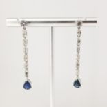 14K White Gold Sapphire & Diamond Drop Earrings. Stamped '14K' on post. Length: 5 cm. Overall
