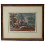 19th C. European School Watercolor Painting of Figures in a courtyard with animals, peacocks,
