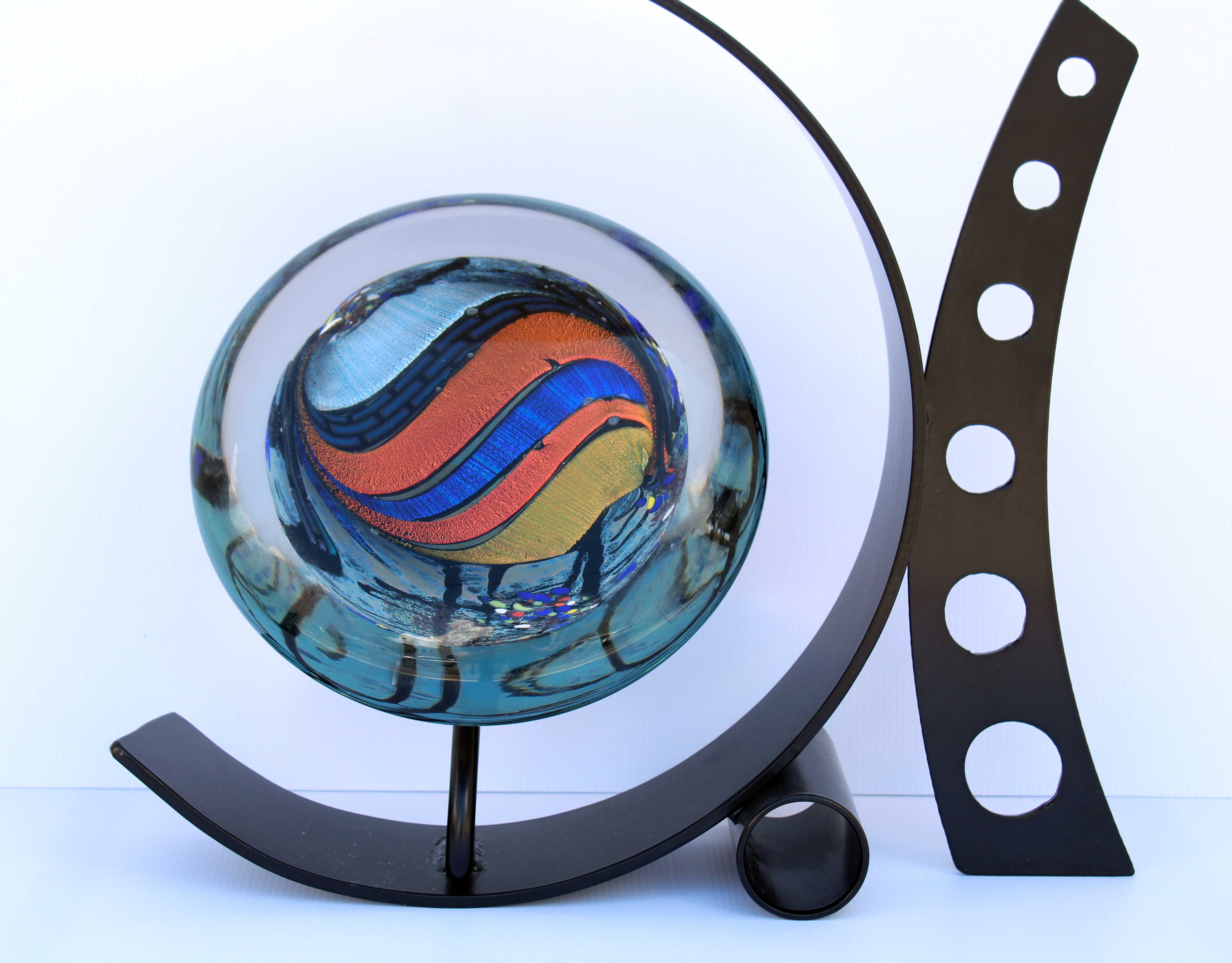 Rollin Karg Art Glass & Metal Sculpture. Signed on base of glass piece. Glass dome is set on dowel - Image 2 of 10