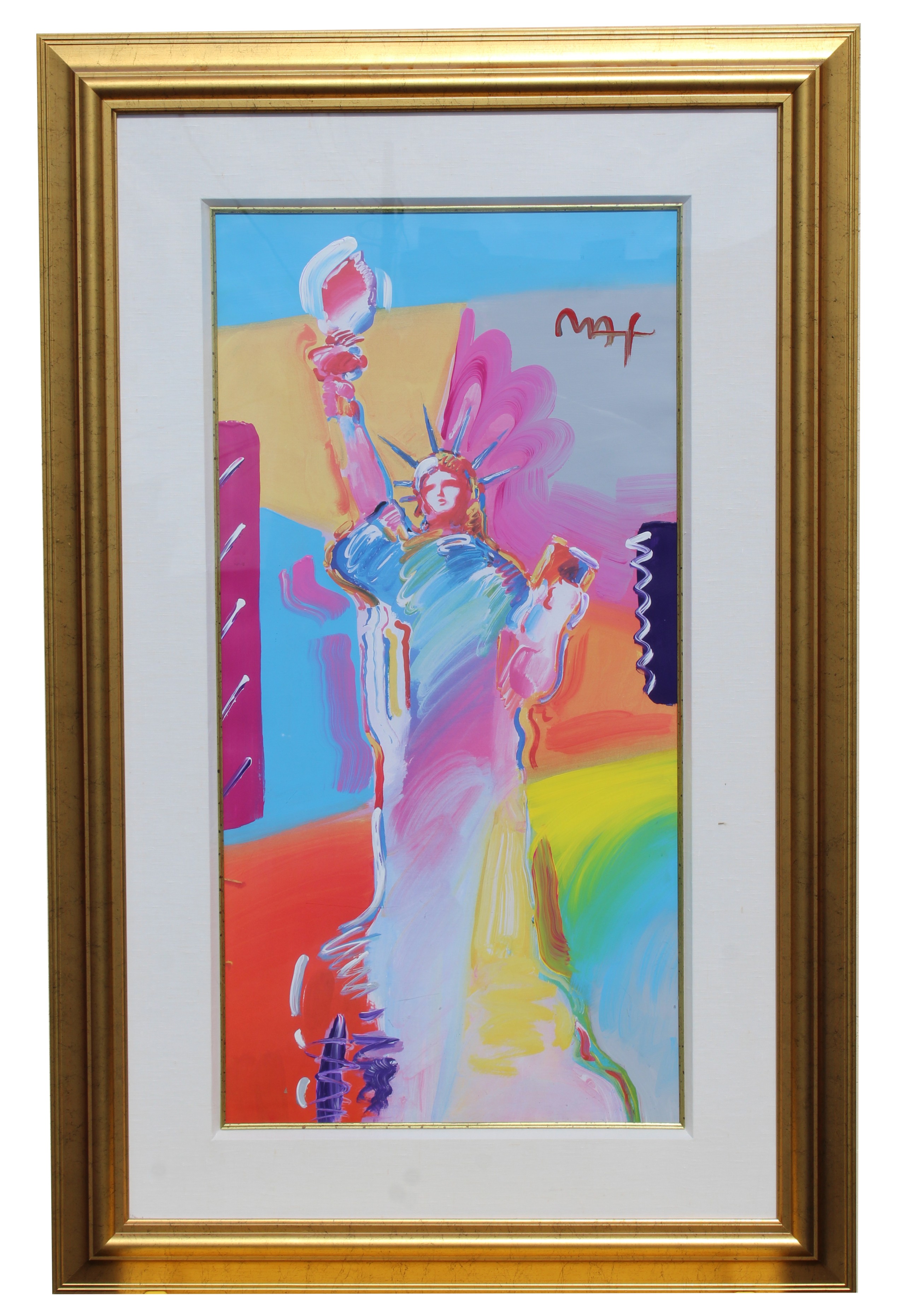 Peter Max "Statue of Liberty" Mixed Media Painting. Signed upper right. Sight Size: 38 x 19 in.