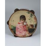 Signed, 19th C. Handpainted Tambourine. Depicting a young girl holding flowers near her face. Oil