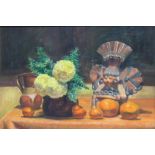 Gregory Mejia (20th C.). Signed lower right. Pastel on Board. Still Life with Aztec Figures. Chicago