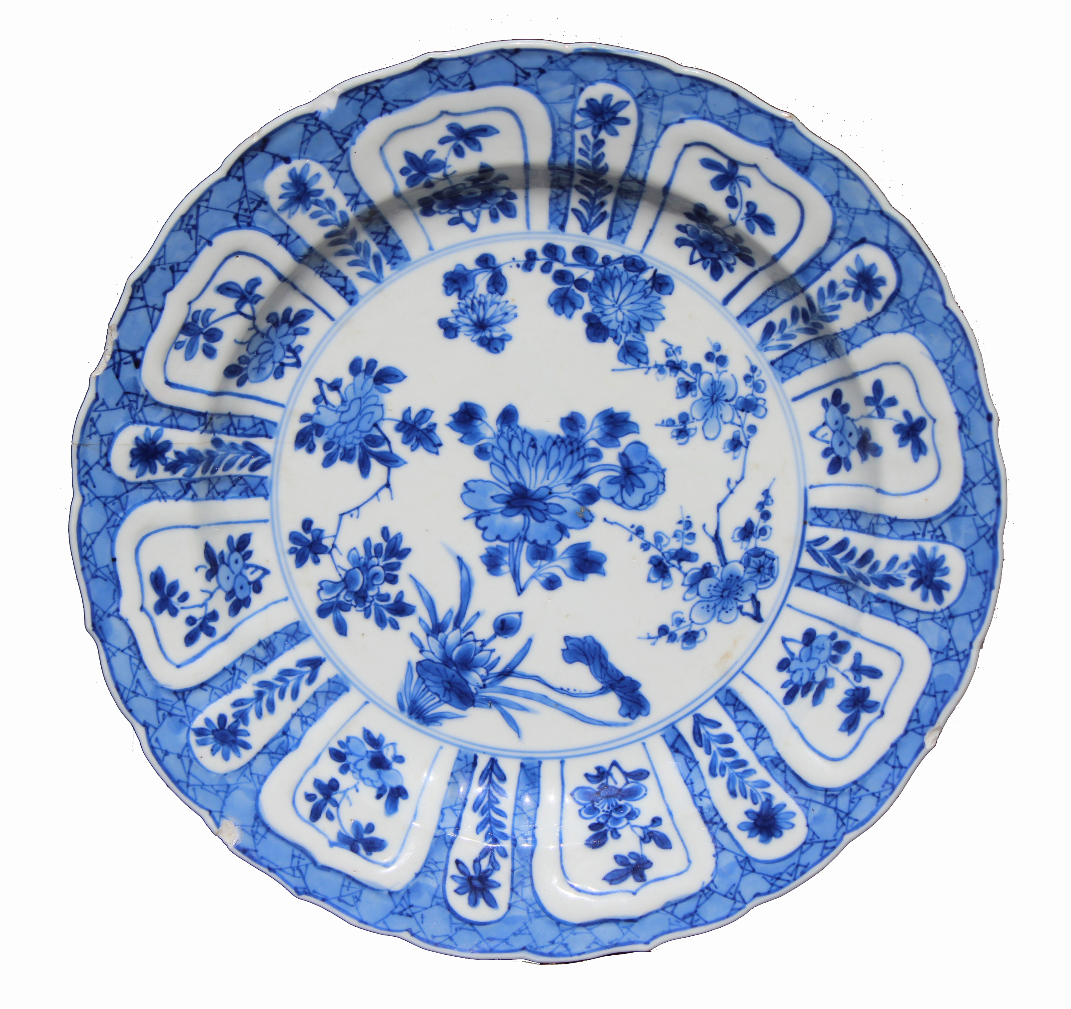 Chinese Kangxi Blue/ White Porcelain Dish. Signed with six character mark on bottom side. Areas of