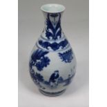 Chinese Blue/White Porcelain Vase. Scene depicts figures conversing. Size: 9 x 4.75 in.