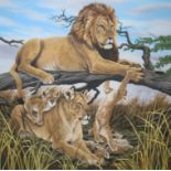 R.G. Finney (Wyoming, B. 1941) "Lion Family At Rest" Signed lower middle. Original Acrylic