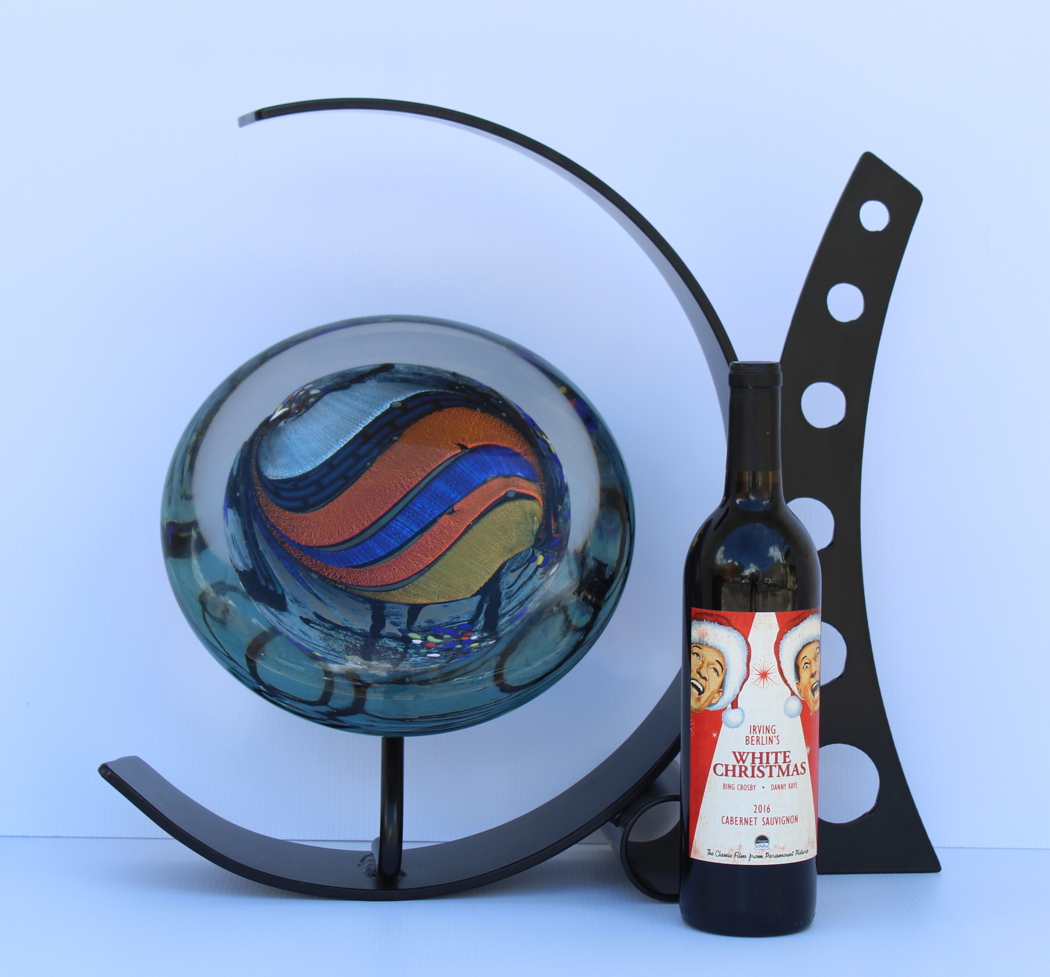 Rollin Karg Art Glass & Metal Sculpture. Signed on base of glass piece. Glass dome is set on dowel - Image 6 of 10