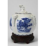 Unusual Japanese Meiji Period Hirado Blue and White Porcelain Jar on Stand. 19th C. with buddhist