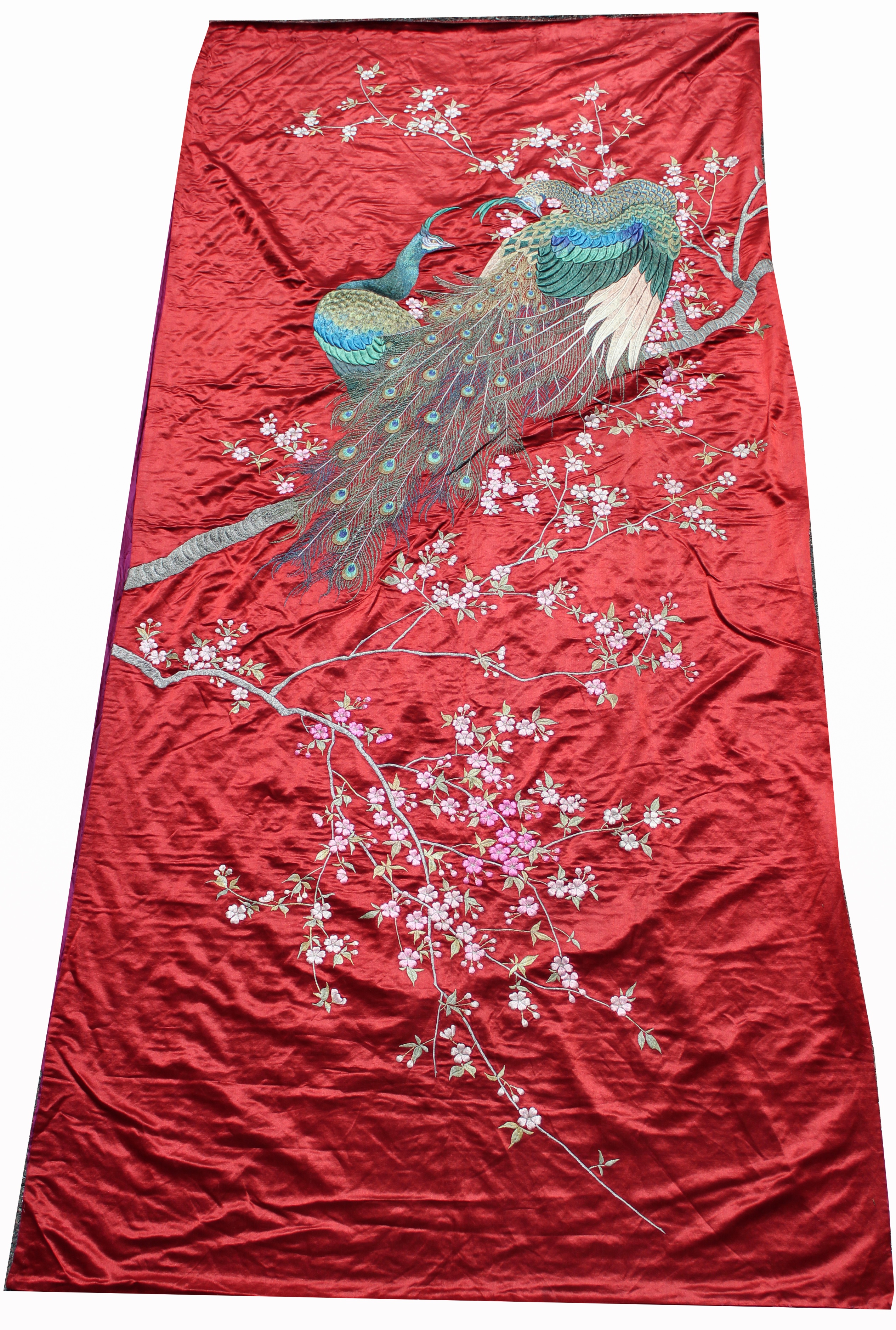 Large Japanese Handmade Peacock Silk Tapestry. Provenance: Important New York City/ Palm Beach