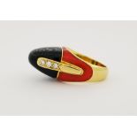 18K Gold Black Enamel & Red Coral Ring