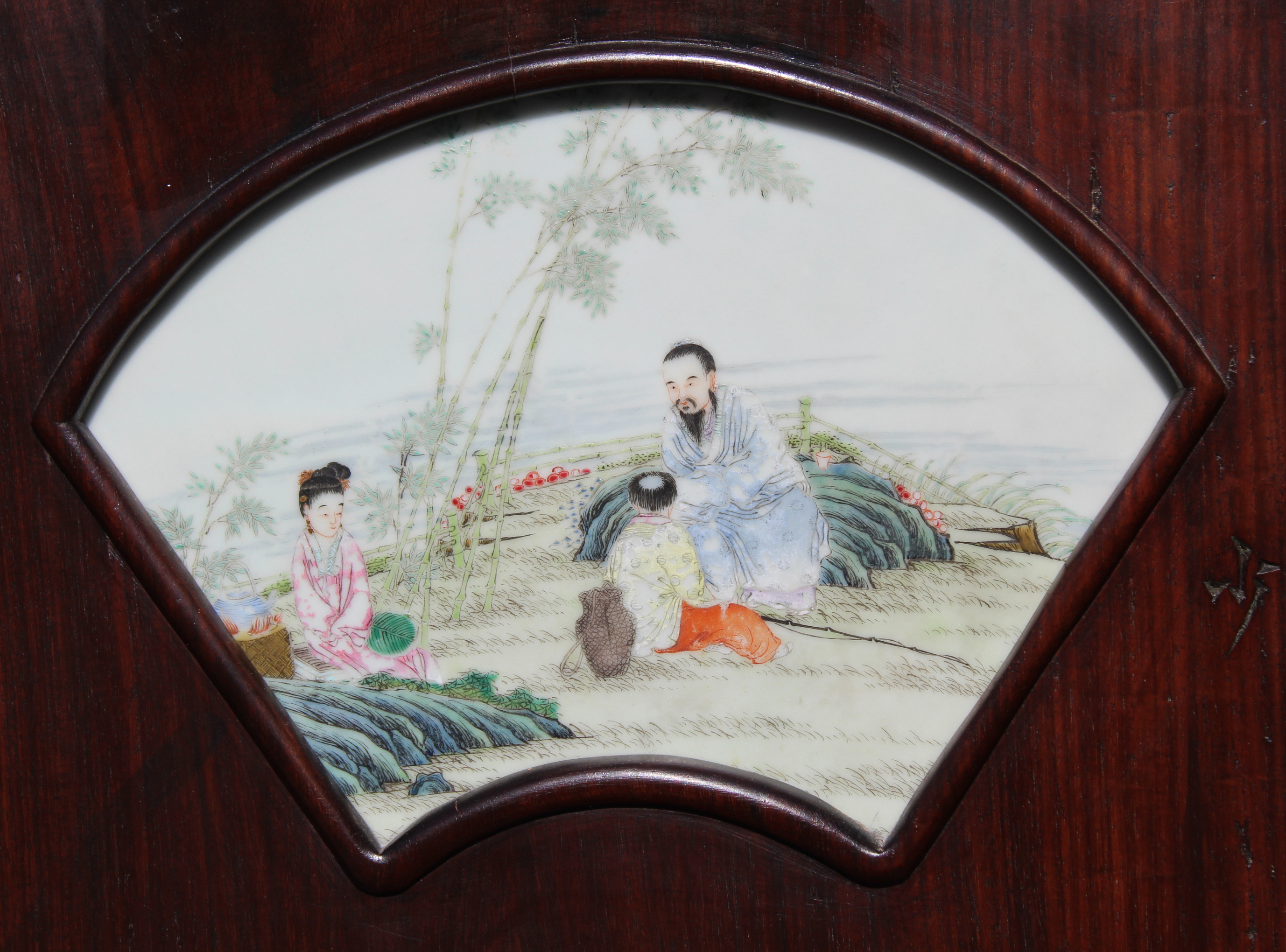 (2) Chinese Hardwood/Famille Rose Plaques, Signed - Image 4 of 12