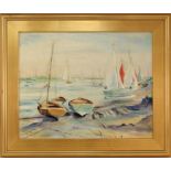 20th C. American School Harbor Scene with Figures