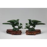 (2) Carved Chinese Carved Spinach Jade Phoenixes