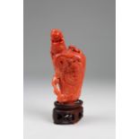 Unusual Carved Chinese Coral Snuff Bottle on Stand