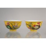 (2) Chinese Famille Jaune Porcelain Bowls, Signed