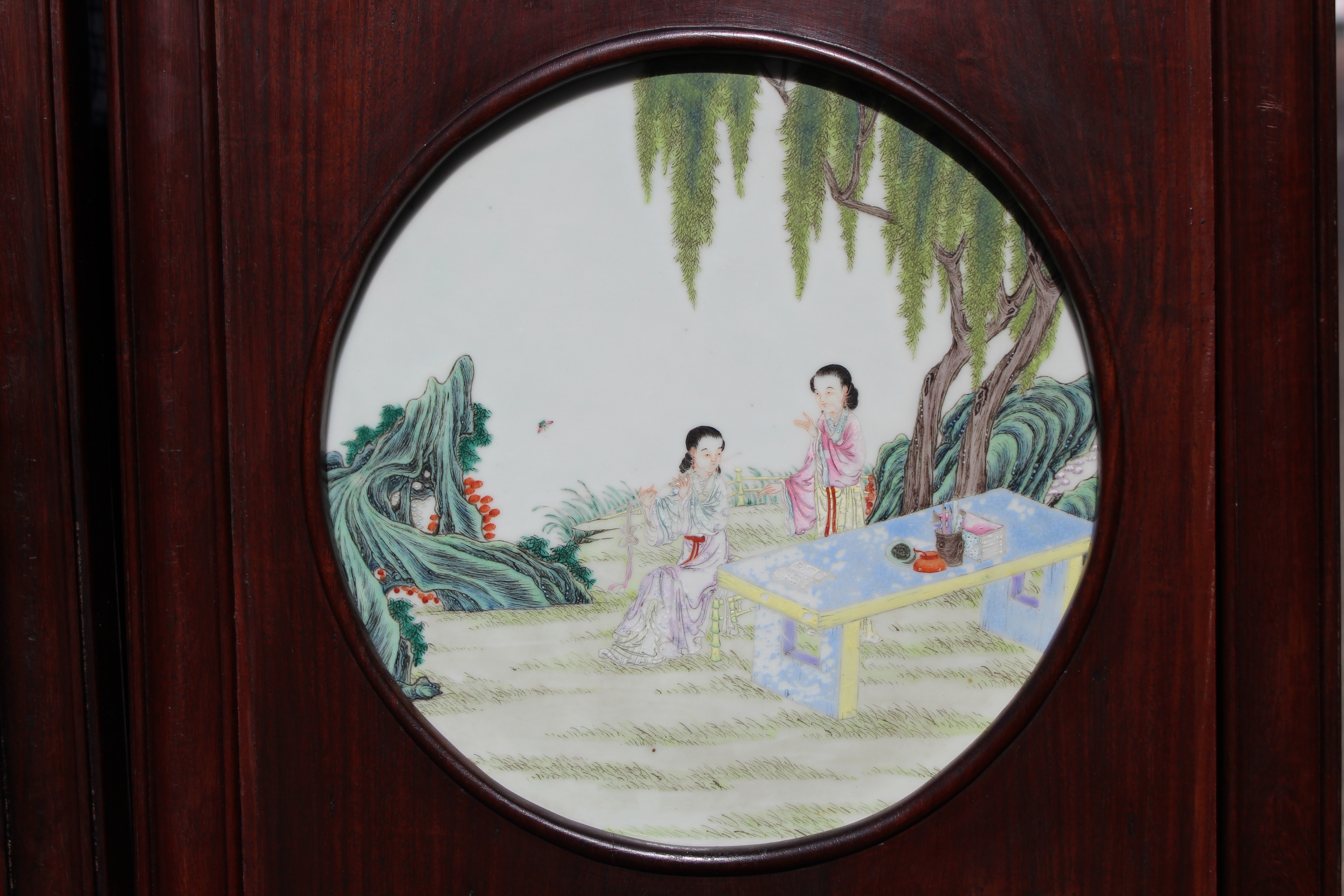 (2) Chinese Hardwood/Famille Rose Plaques, Signed - Image 9 of 12
