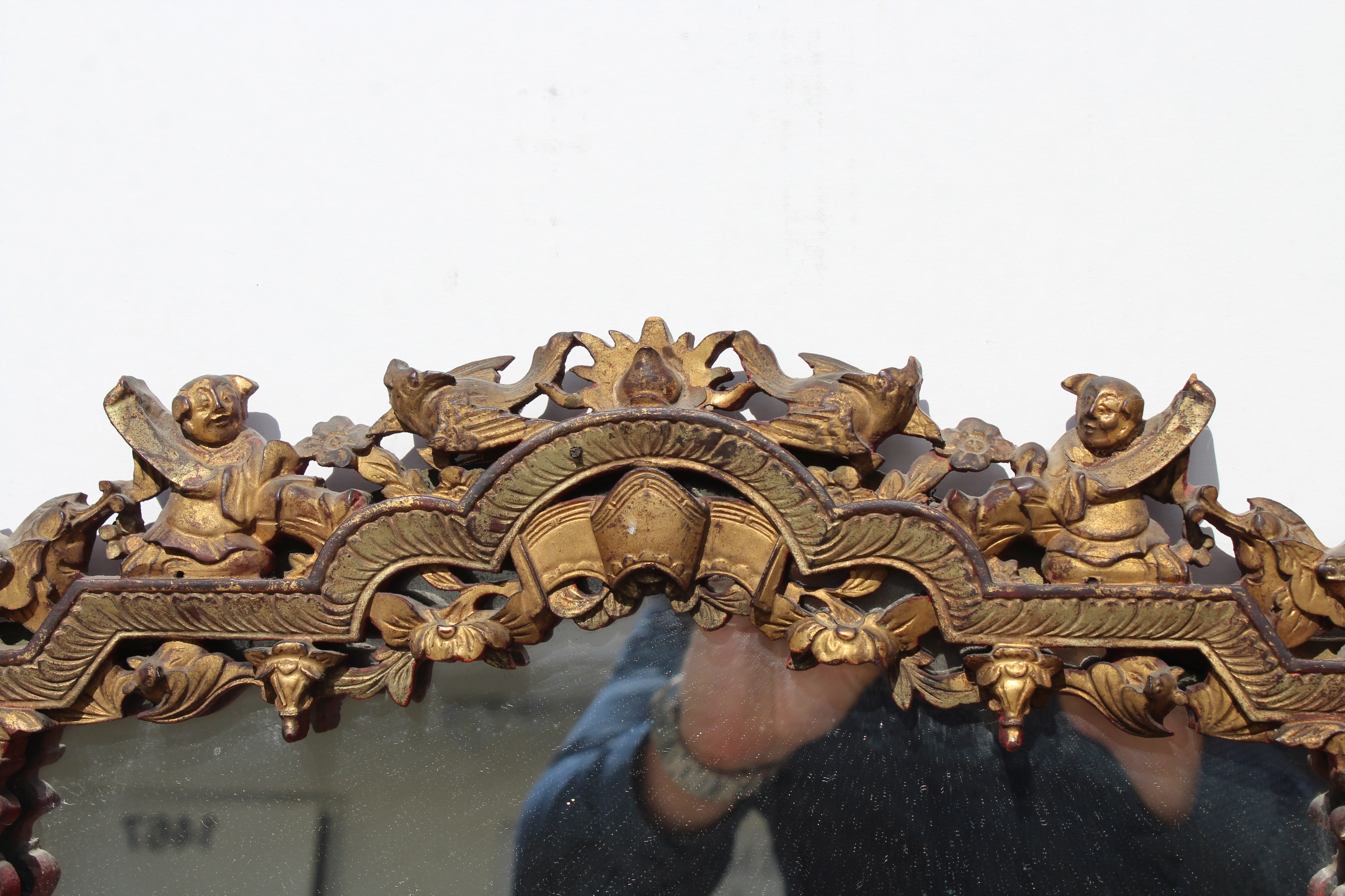 Pair, Antique Carved/Gilt Figural Chinese Mirrors - Image 4 of 10