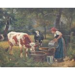 Signed, Painting of Woman with Livestock