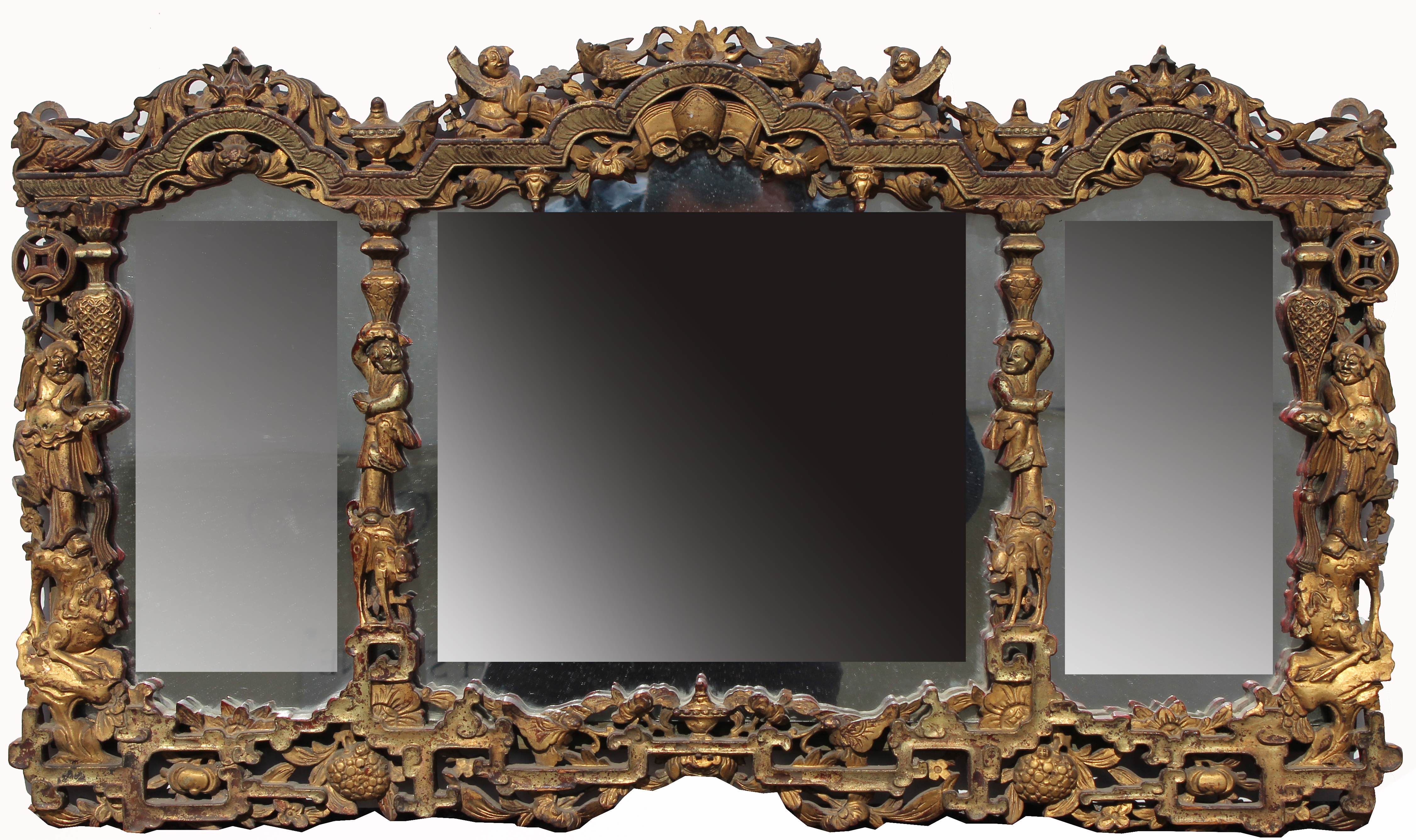 Pair, Antique Carved/Gilt Figural Chinese Mirrors - Image 2 of 10