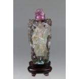 Carved Chinese Fluorite Snuff Bottle on Stand