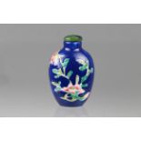 Signed, Blue Ground Famille Porcelain Snuff Bottle