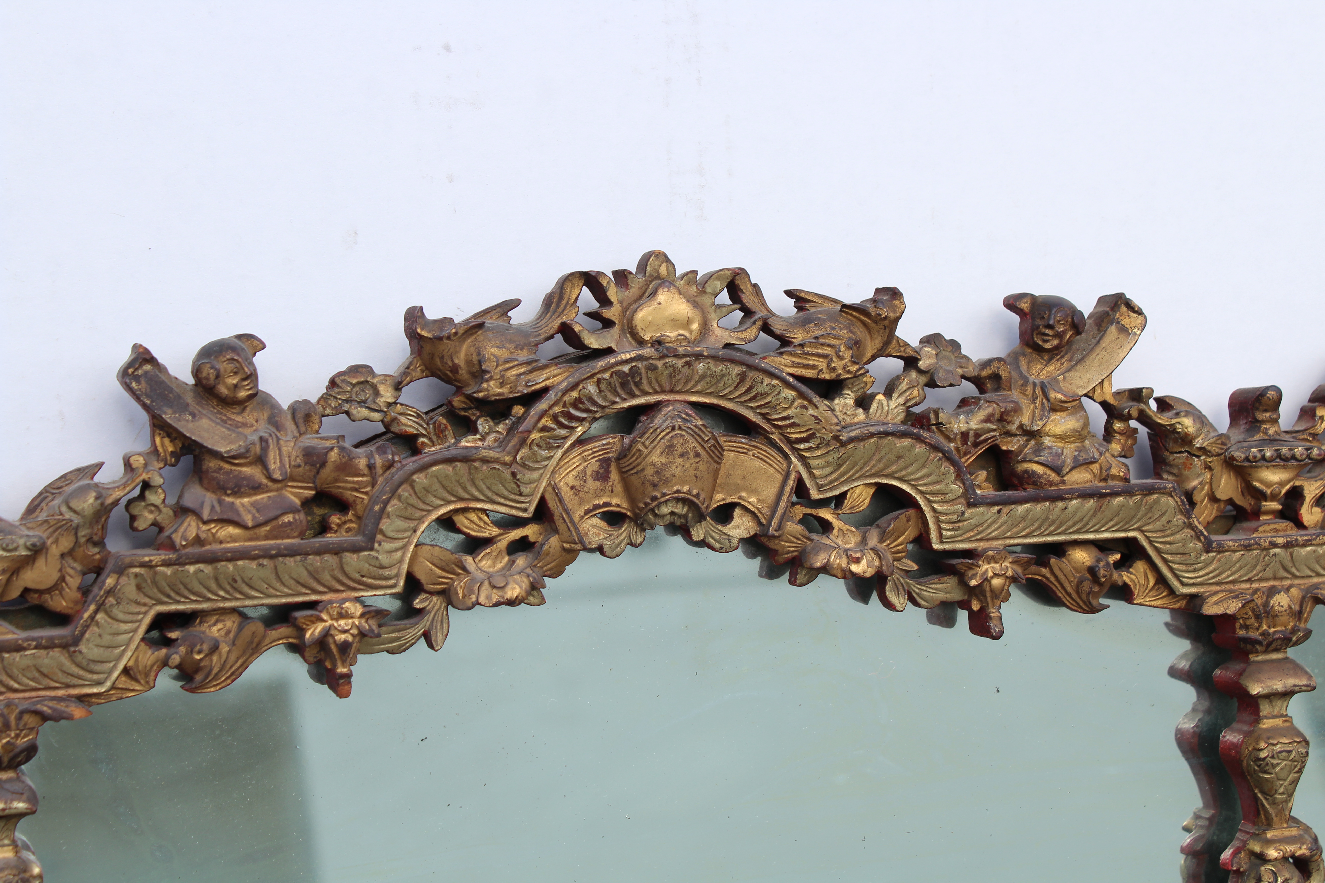 Pair, Antique Carved/Gilt Figural Chinese Mirrors - Image 9 of 10