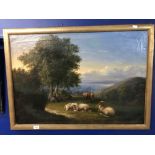 19th cent. English School: Oil on canvas, landscape with figures and sheep in foreground. 23ins. x