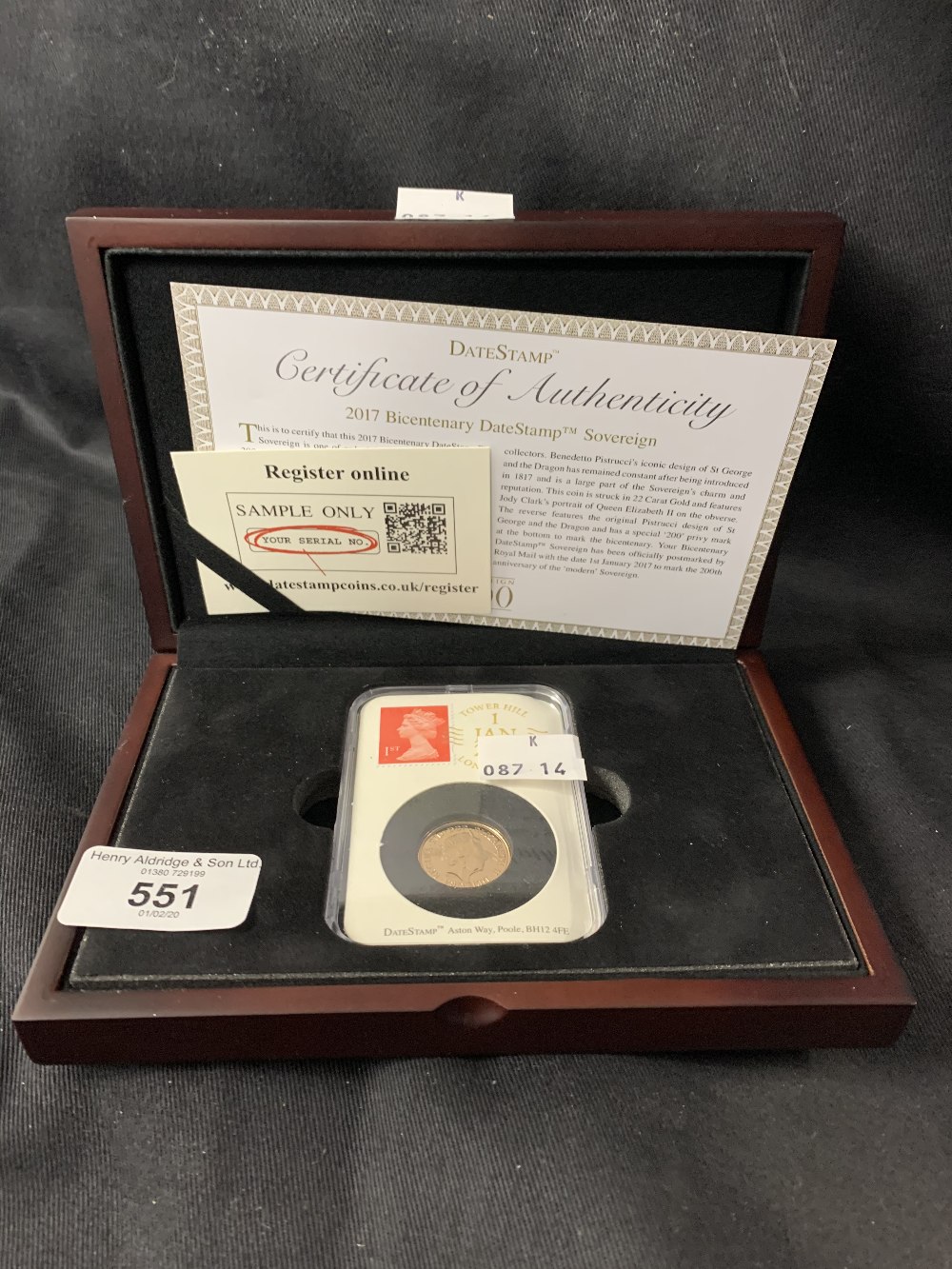 Coins: Gold proof Sovereign 2017 Bicentenary of Postal Date Stamps Commemorative.