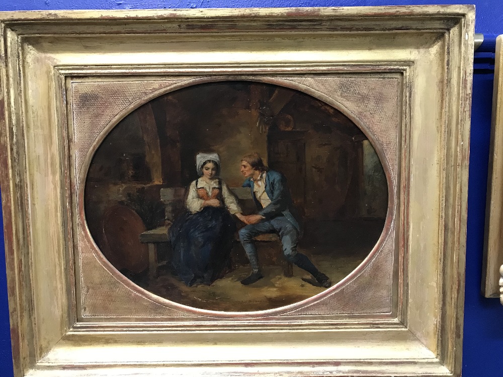 19th cent. English School: Oil on board of a man proposing to a lady. 15ins. x 10ins.