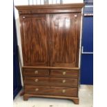 Late 18th/early 19th cent. mahogany linen press, inlaid with ebony and boxwood. The top section