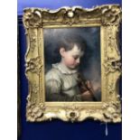 19th cent. English School: Oil on canvas, study of a young boy playing a flute. In a heavy carved