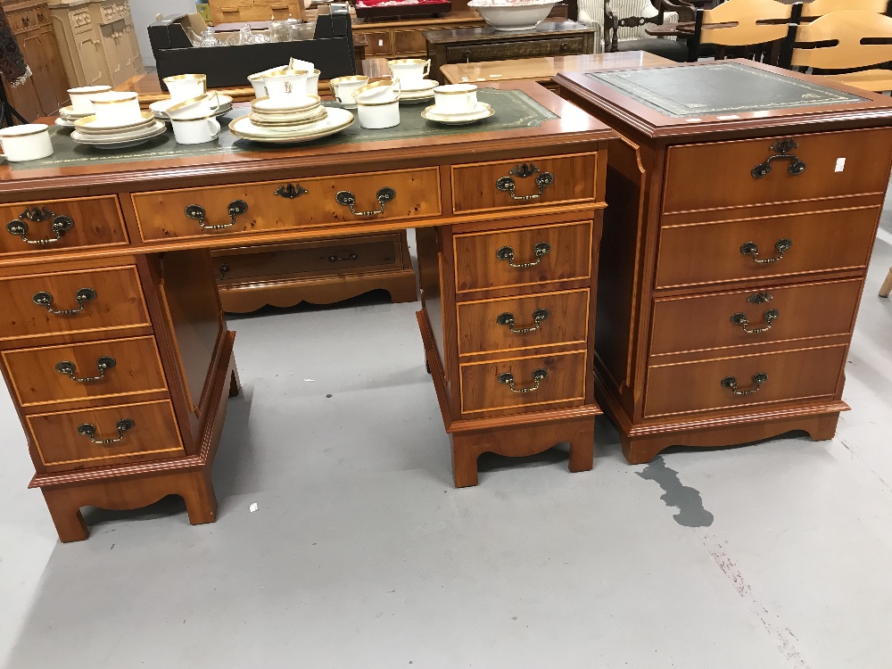 20th cent. Yew effect double pedestal desk with leather skiver plus matching yew effect filing