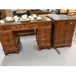 20th cent. Yew effect double pedestal desk with leather skiver plus matching yew effect filing