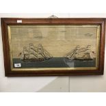 Textiles/Sailor Art: 19th cent. Stumpwork embroidery of two Royal Navy ships. 19ins. x 9ins.