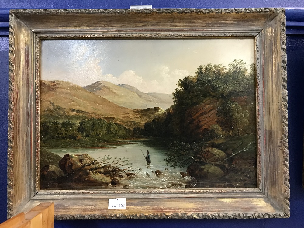19th cent. Scottish School: Oil on board 'Fishing in the Loch'. Label on reverse, with later hand