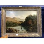 19th cent. Scottish School: Oil on board 'Fishing in the Loch'. Label on reverse, with later hand