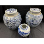 20th cent. Chinese baluster shaped storage jars with covers. Blue and white stylised decoration. A