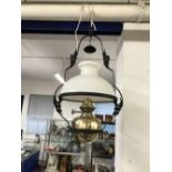 19th cent. Brass and iron hanging lamp with white glass shade.